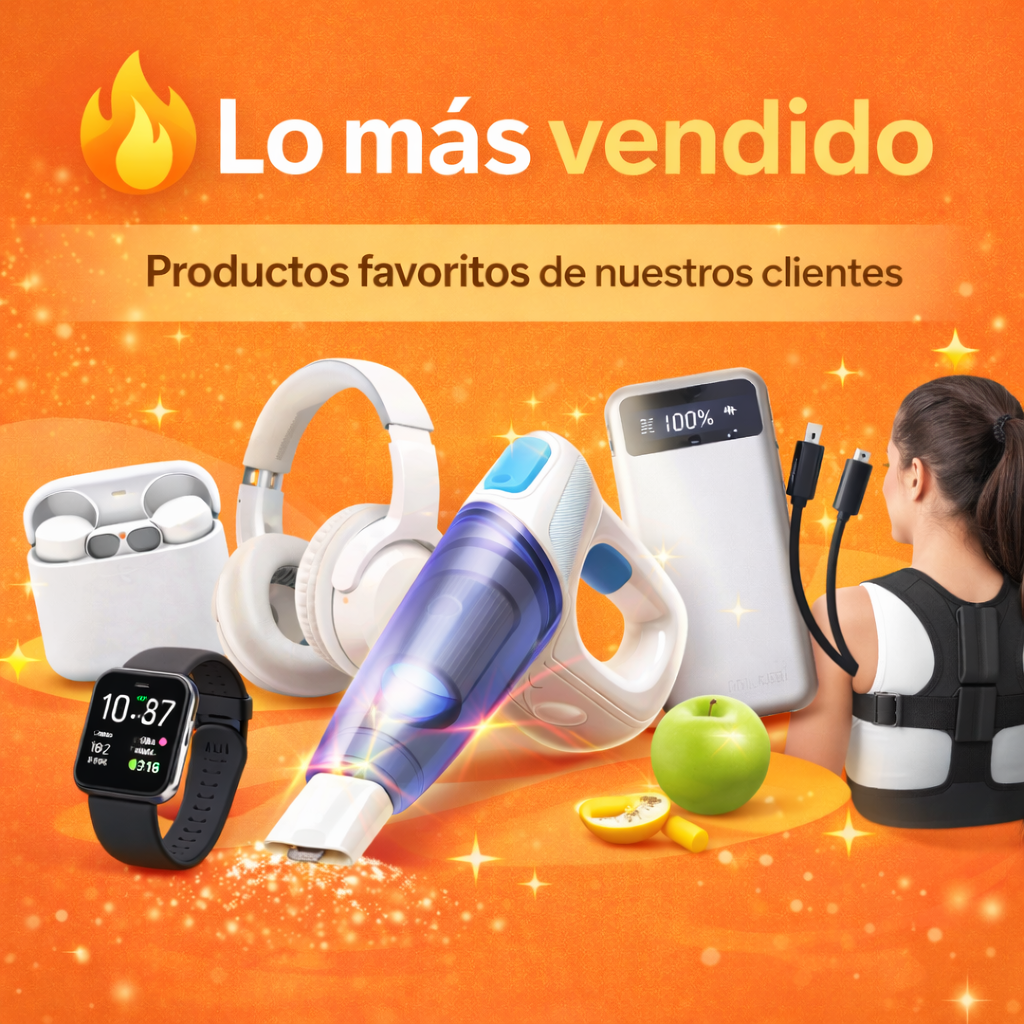 Banner de la categoría Lo más vendido con productos populares como gadgets, accesorios electrónicos y artículos de uso diario sobre fondo naranja.