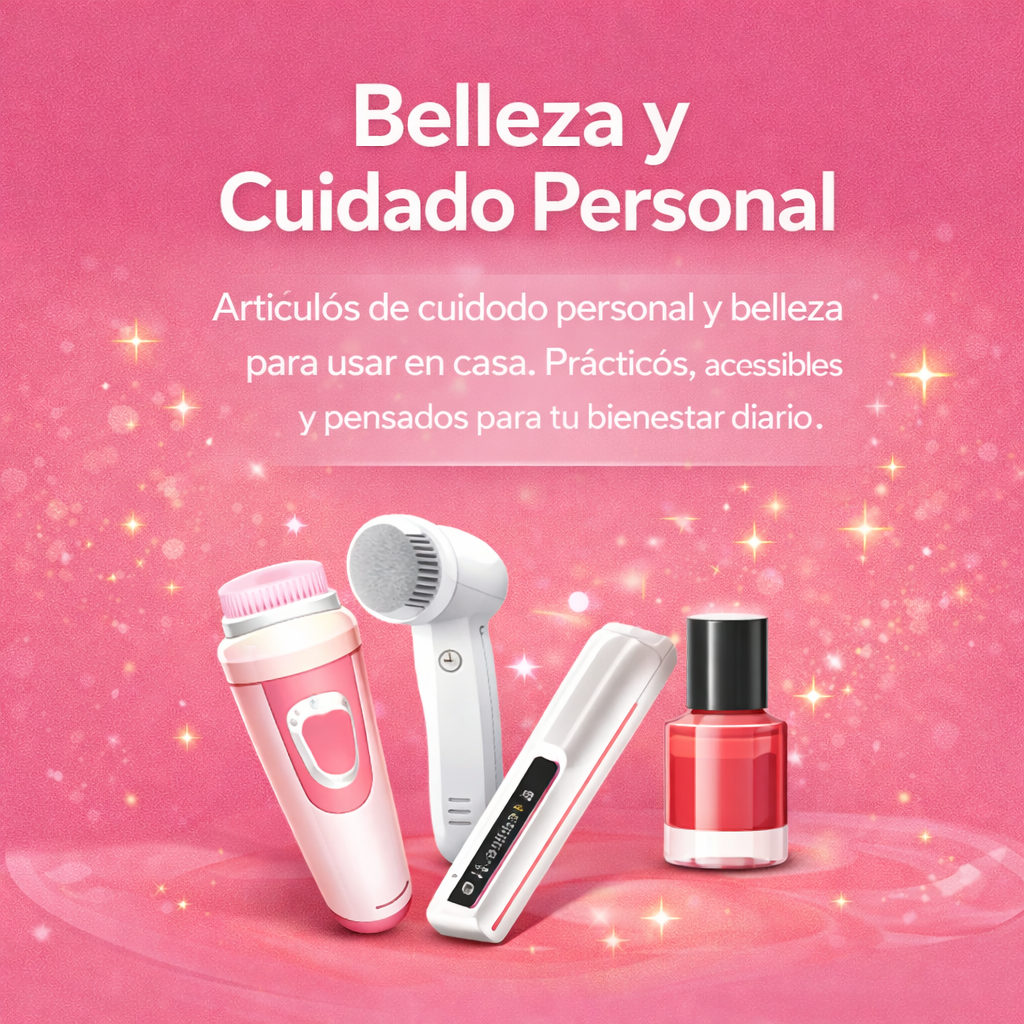 Banner cuadrado de la categoría Belleza y Cuidado Personal con productos de belleza y cuidado personal sobre fondo rosa.