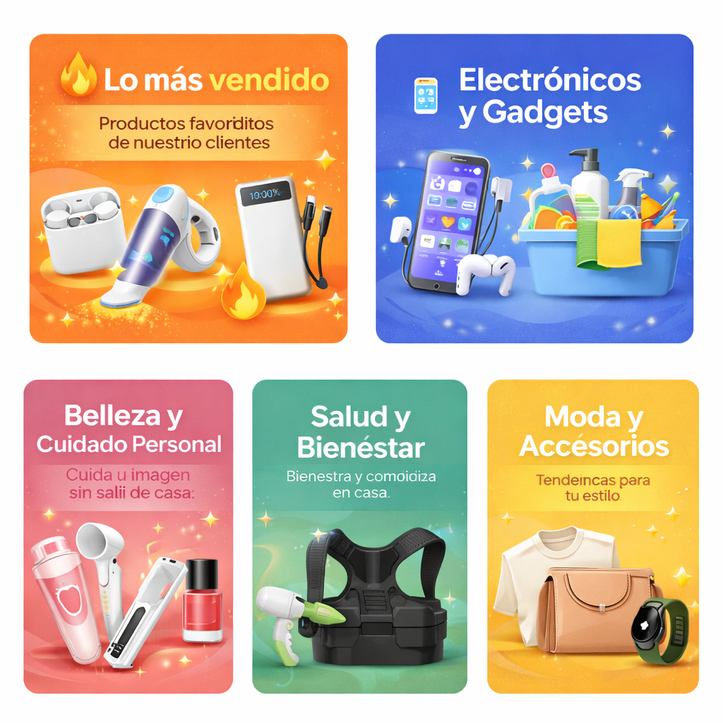 Banner cuadrado con categorías de productos como Electrónicos y Gadgets, Hogar y Cocina, Belleza y Cuidado Personal, Salud y Bienestar y Moda y Accesorios, representadas con imágenes de productos sobre fondos de colores.