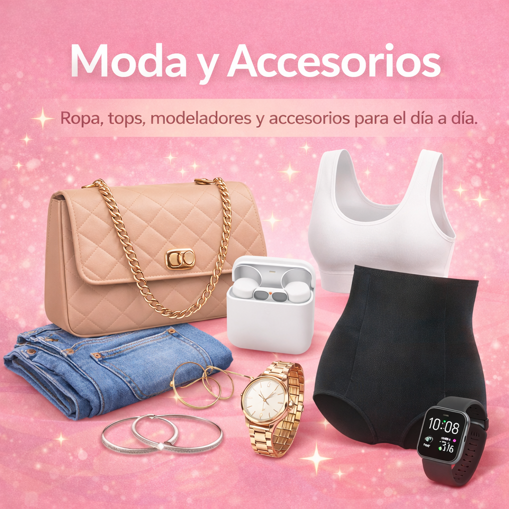 Banner cuadrado de la categoría Moda y Accesorios con ropa, tops, modeladores y accesorios como bolso, reloj y auriculares sobre fondo rosa.
