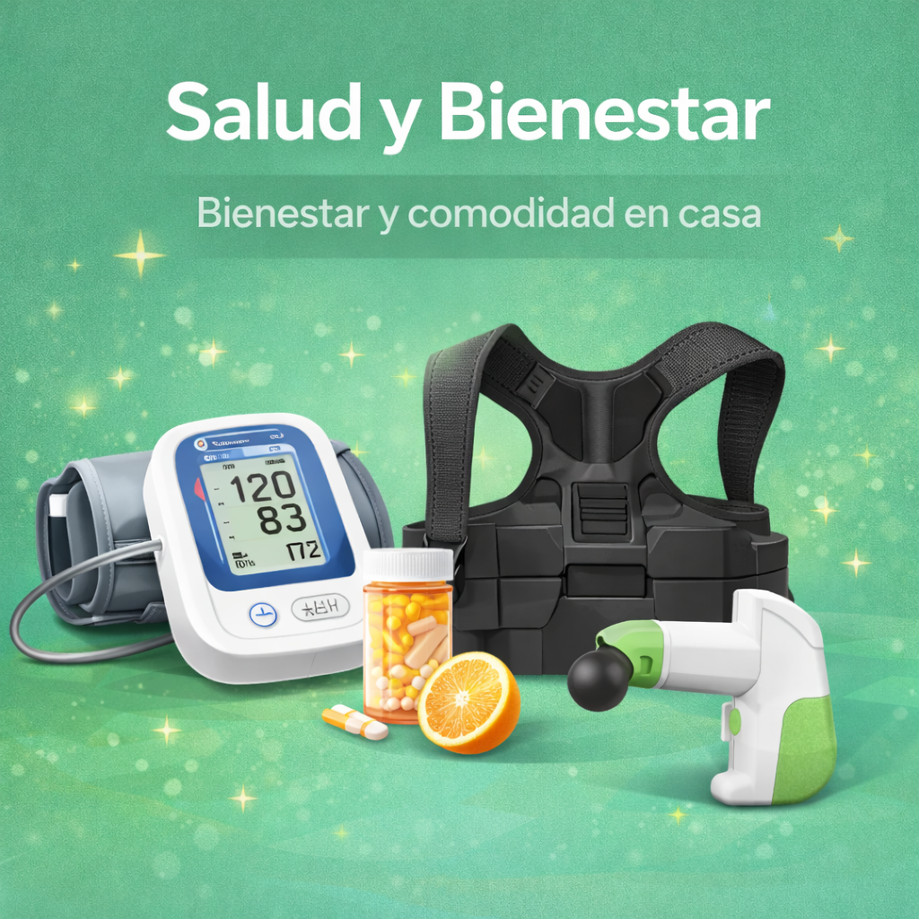 Banner cuadrado de la categoría Salud y Bienestar con productos de bienestar como corrector de postura, masajeador, tensiómetro digital y artículos para el confort en casa sobre fondo verde.