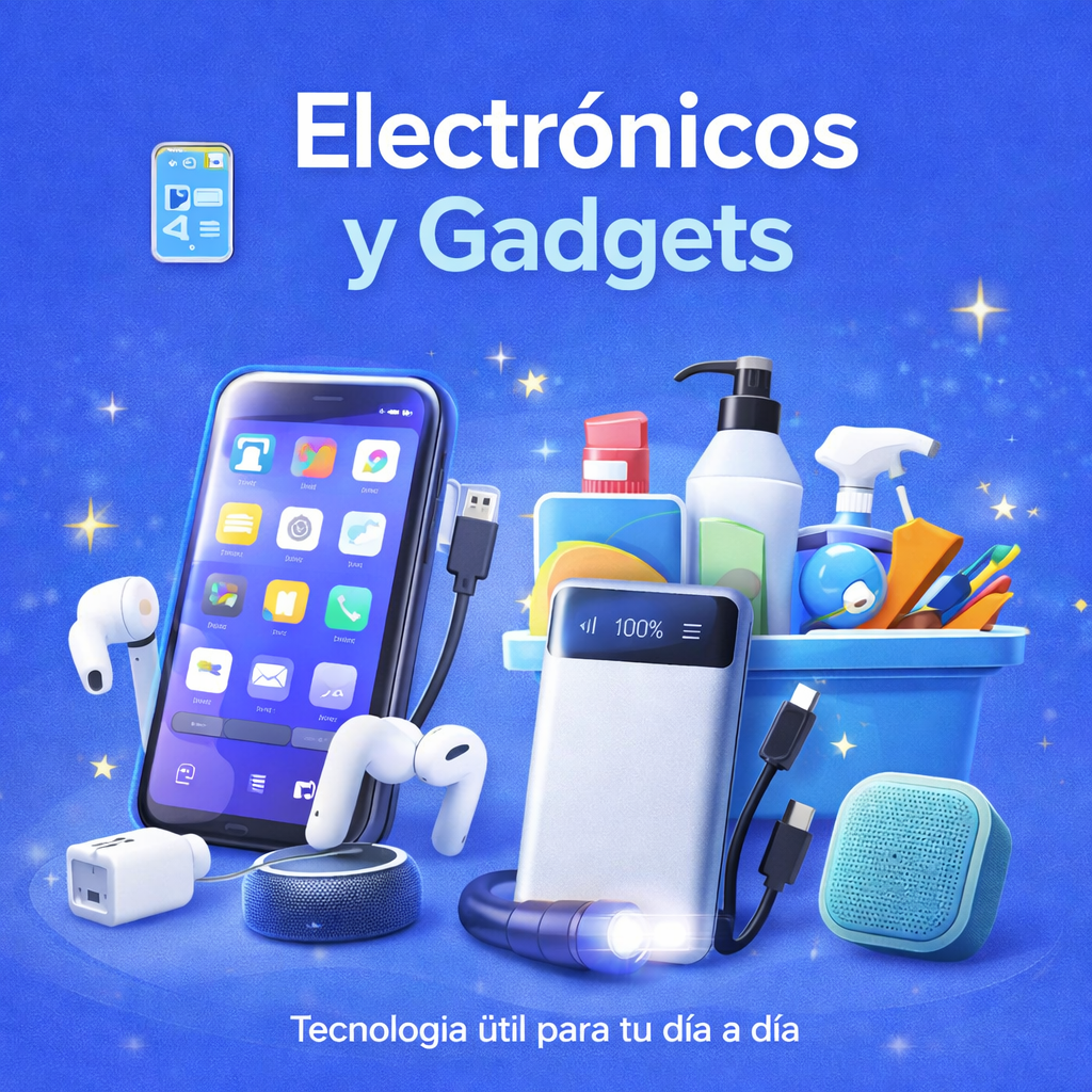 Banner cuadrado de la categoría Electrónicos y Gadgets con dispositivos electrónicos como teléfono móvil, auriculares inalámbricos, cargador y power bank sobre fondo azul.